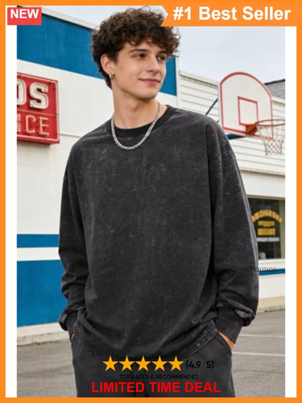 Oversized Cotton Long Sleeve T-Shirts Vintage Acid Wash Tees - Picture 3 of 6